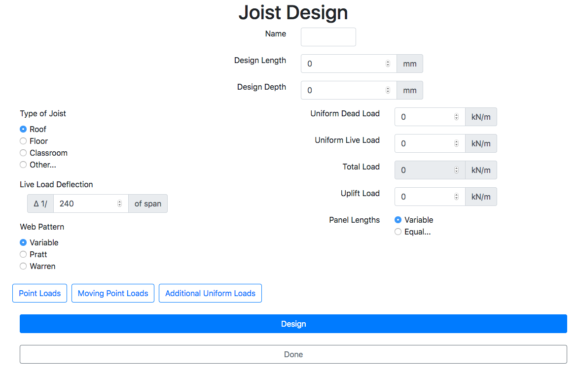 Joist Design Entry Screen